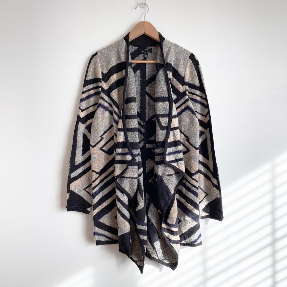 Lucky Brand NWOT Geo Drape Cardigan Sweater Open-Front, Black/Cream Multi, Sz M